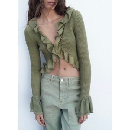 Zara Green Ruffle Flounce Long Sleeve Ribbed Knit Tie Cardigan Crop Top Size S