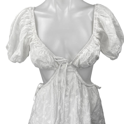 SABO Eilish White Floral Embroidered Cutout Puff Short Sleeve Mini Dress Size XS