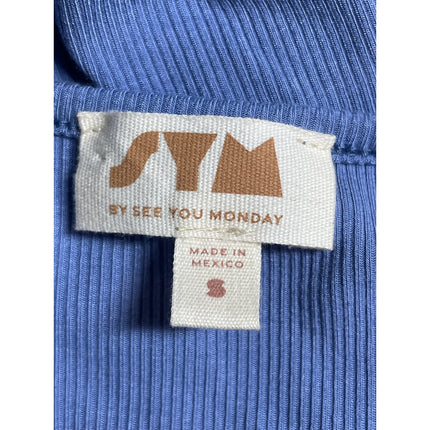 See You Monday Blue Ribbed Knit Short Sleeve Square Neck Midi Bodycon Dress S