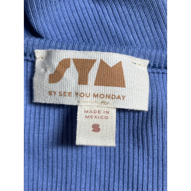 See You Monday Blue Ribbed Knit Short Sleeve Square Neck Midi Bodycon Dress S