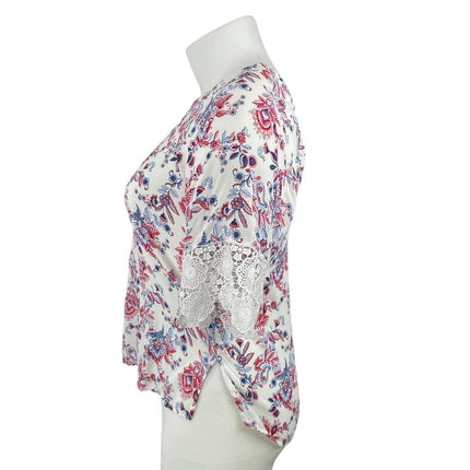 Soho Botanical Floral Lace Trim Bell Sleeves Tunic Peasant Popover Blouse Top XL
