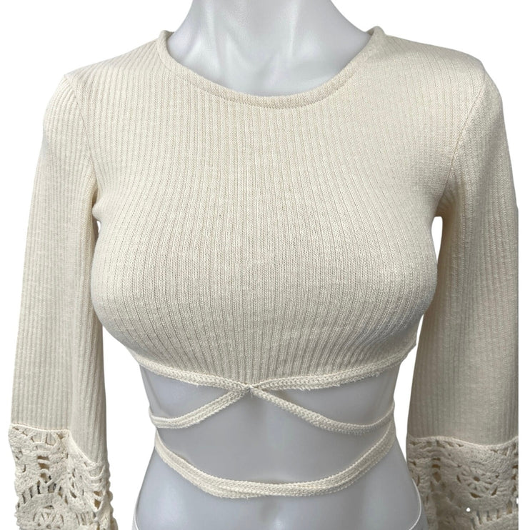 Zara Women's Cream Ecru Crochet Knit Boho Long Sleeve Cut Out Crop Top Size S