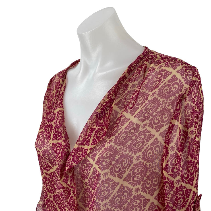 Blue Rair Women's Pink Sheer Mesh Tapestry Quarter Sleeve Button Up Blouse Top S