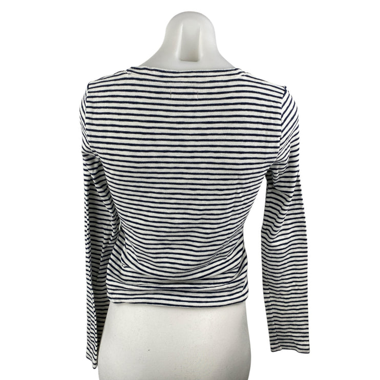 Madewell Women's Black White Striped Ribbed Knit Crew Neck Long Sleeve Top Sz S