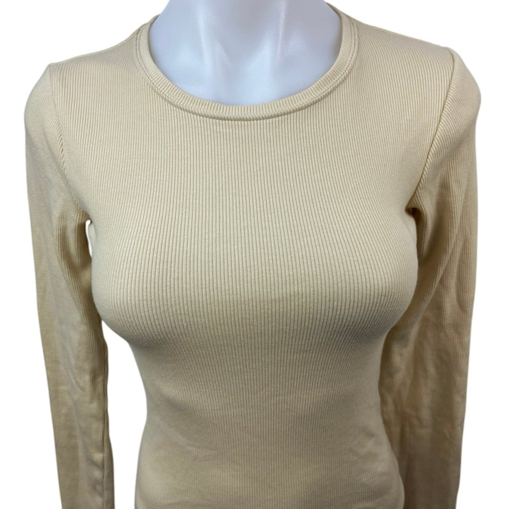 Abercrombie & Fitch Cream Ribbed Knit Crew Neck Long Sleeve Bodysuit Top Size XS