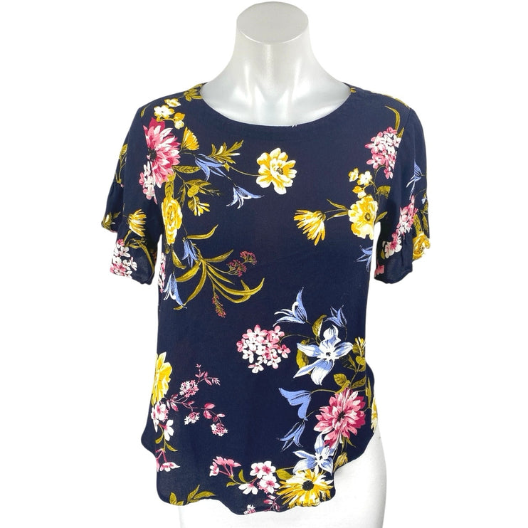 Ann Taylor LOFT Women Blue Floral Short Sleeve T Shirt Tee Blouse Top Size XS