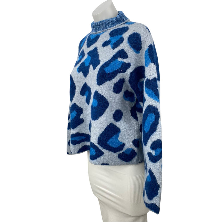 Zara Women's Blue Wool Leopard Animal Print Mock Neck Knit Sweater Top Size S