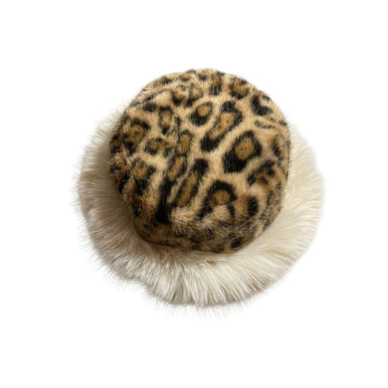 Women's Beige Leopard Animal Print Faux Fur Fluffy Winter Bucket Hat Cap OS
