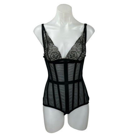 NEW Perfect Corset Cape Form Black Mesh Sheer Lace Up Back Coset Bodysuit Size M