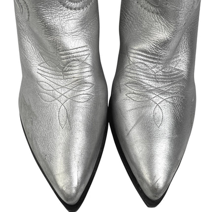 Steve Madden West Silver Leather Pointed Toe Pull On Block Heel Western Boots 9M