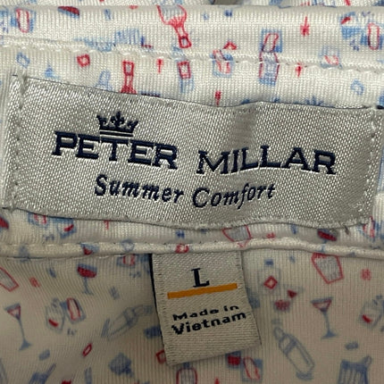 Peter Millar Mens White Cocktail Print Short Sleeve Golf Casual Polo Shirt Top L