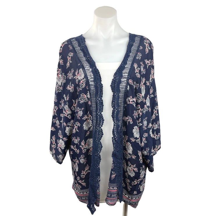 Xhilaration Navy Blue Floral Lace Trim Kimono Swim Cover Up Duster Cardigan L/XL