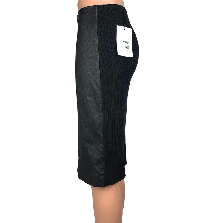 Theory NWT $495 Black Leather Ribbed Merino Wool Pencil Straight Midi Skirt XSP