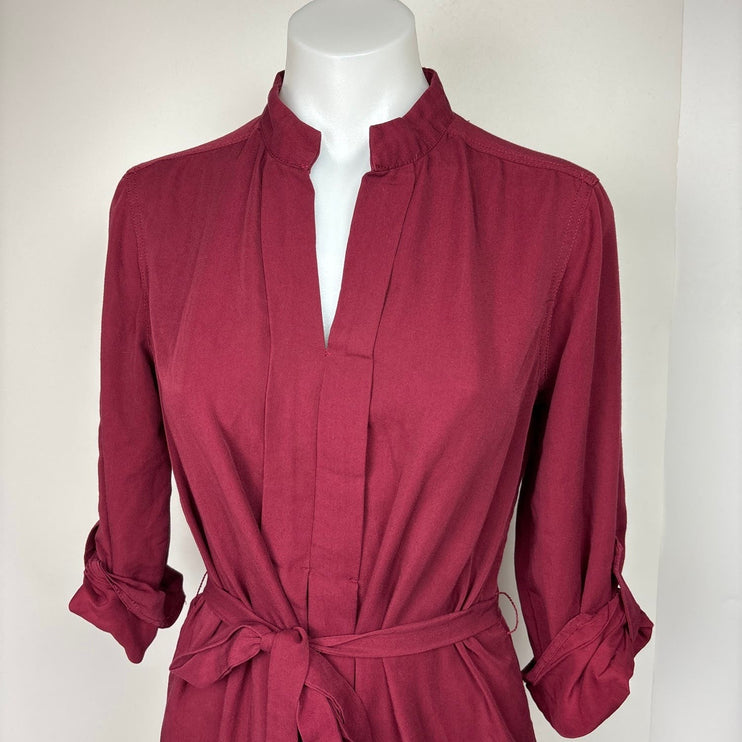 Studio M Maroon Burgandy 3/4 Roll Tab Sleeve Tie Belt Mandarin Collar Dress Sz S