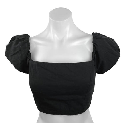 Crescent Black 100% Cotton Square Neck Puff Sleeve Tie Back Crop Top Size M