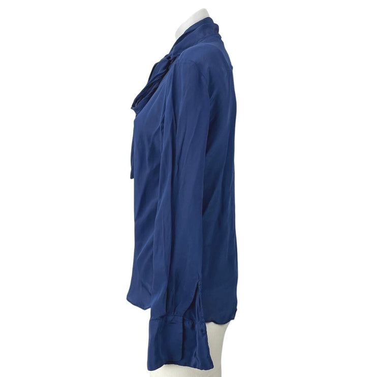 Mango MNG Women's Blue Satin Pussy Bow Tie Neck Long Sleeve Shirt Blouse Top 6