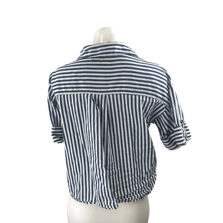 Zara Women's Blue Linen Striped Short Sleeve Crop Button Down Shirt Top Size XS