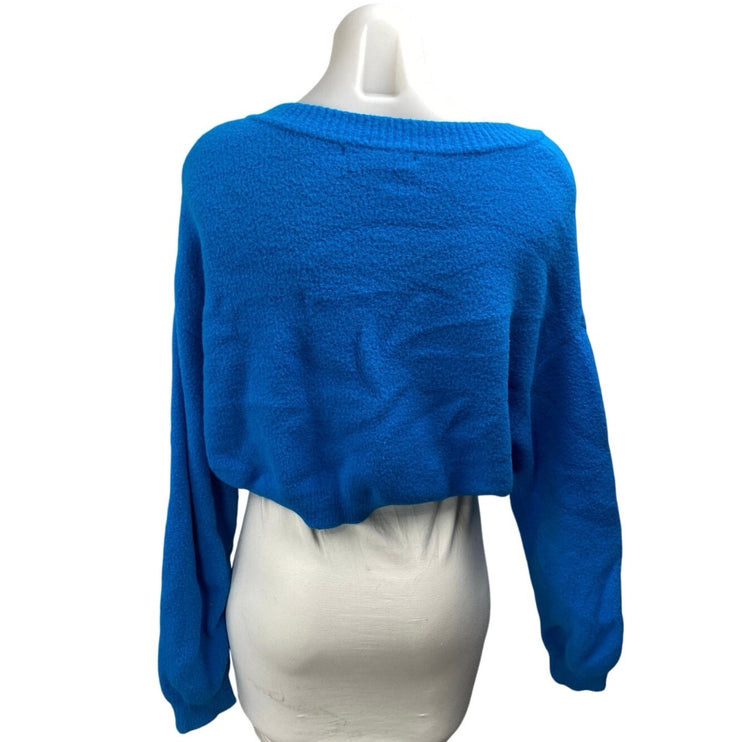 Zara Women's Blue Long Sleeve Knit Fleece Cropped Sweatshirt Sweater Top Size M