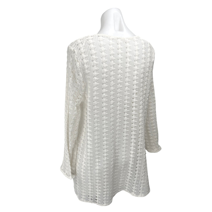 H&M White Crochet Knit Deep V Tie Long Sleeve Beach Cover Up Mini Dress Size M