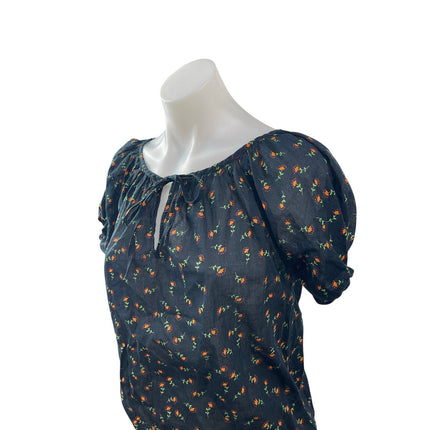 Urban Outfitters Women Black Floral Short Puff Sleeve Keyhole Blouse Top Size XS