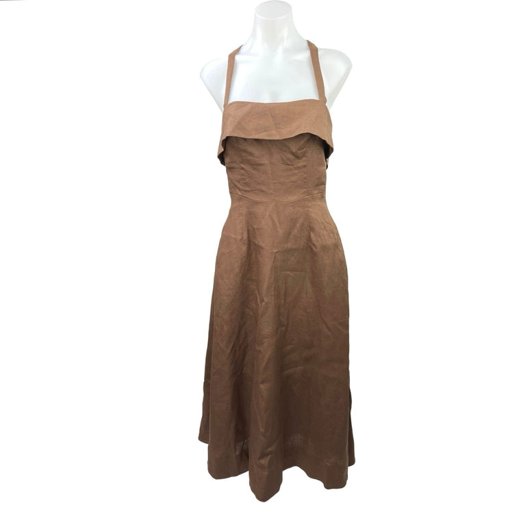 Nicholas 100% Linen Womens Brown Square Neck Sleeveless A-Line Midi Dress Size 4