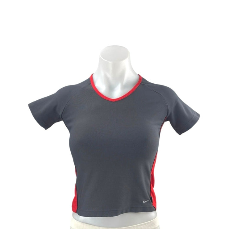 Nike Women's Gray Colorblock V Neck Short Sleeve Crop Athletic T Shirt Tee Top S