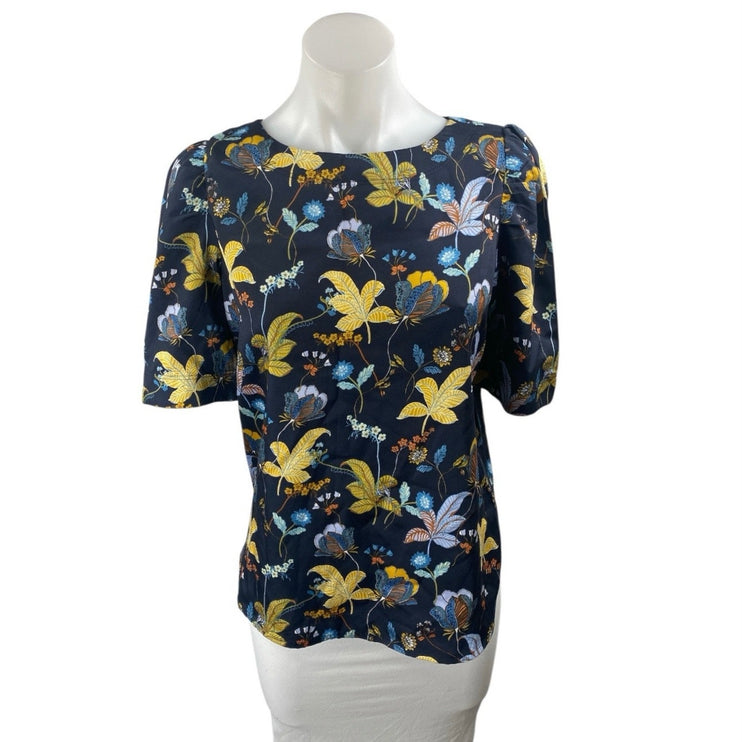 Ann Taylor LOFT Navy Blue Multicolor Floral Short Puff Sleeve Blouse Top Size S