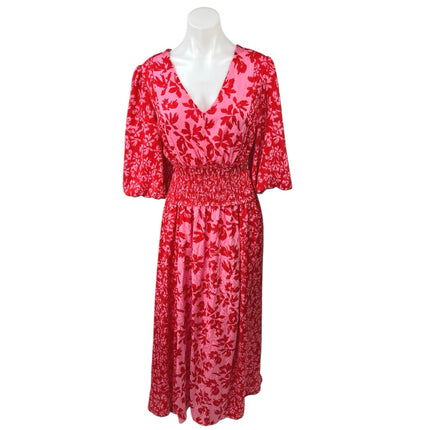 Taylor Pink Red Floral Chiffon V-neck Smocked Waist Midi Maxi A-Line Dress 14