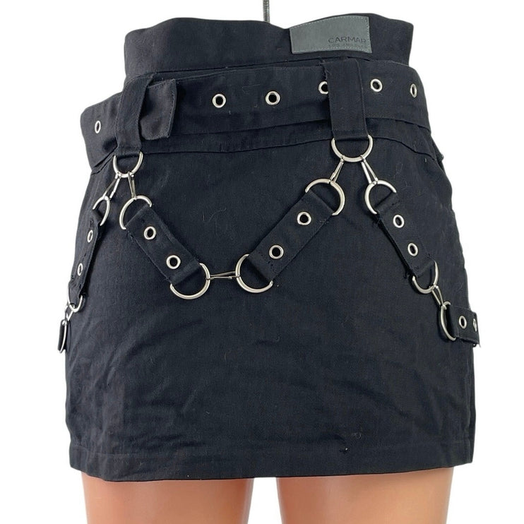 Carmar Black Buckle Ring Stud High Waist Belt Grunge Punk Mini Skirt Size 4