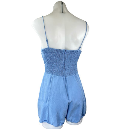 Zara Blue Linen Sleeveless Knot Smocked Cami Camisole Tank Romper Shorts Size M
