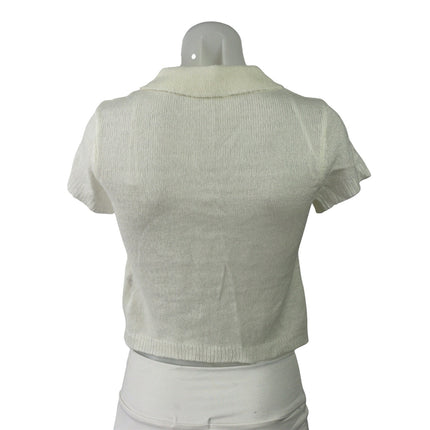 6ixty8ight Womens White Knit Collared Short Sleeve Button Down Crop Shirt Top M