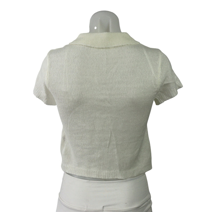 6ixty8ight Womens White Knit Collared Short Sleeve Button Down Crop Shirt Top M