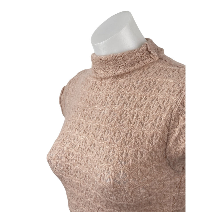 Zara Women's Pink Lace Floral Short Sleeve Mock Neck Knit Blouse Top Size L
