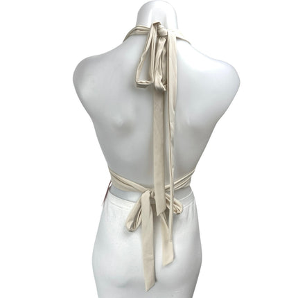 NEW Edikted Cream Plunging V Neck Halter Sleeveless Open Back Tie Crop Top XS