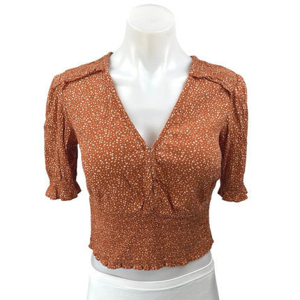 Abercrombie & Fitch Brown White Speckled Deep V Smocked Crop Blouse Top Sz XS