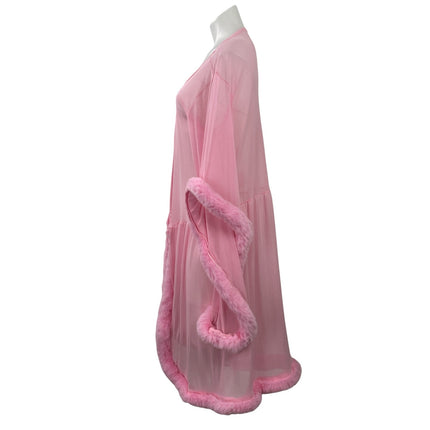 Womens Pink Faux Fur Sheer Mesh Marabou Feather Cover Up Kimono Sleepwear Robe L