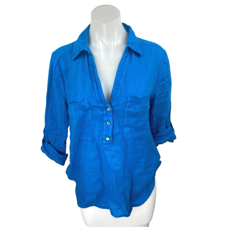 Zara Blue 100% Linen Half Sleeve Pocket V Neck Button Front Shirt Top Size S