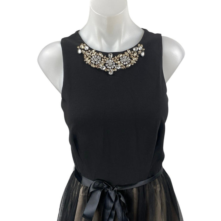 Cachet Black Jeweled Rhinestone Sleeveless Mesh Midi Tank Fit & Flare Dress Sz 8