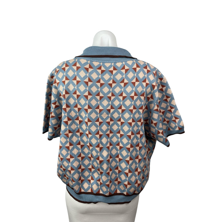 Cider Women's Blue Short Sleeve Argyle Collar Loose Polo Shirt Sweater Size 4XL