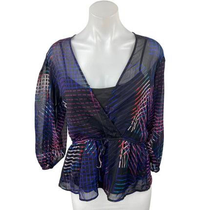 DKNY Blue Multicolor Striped Long Balloon Sleeve Sheer Peplum Wrap Blouse Top S