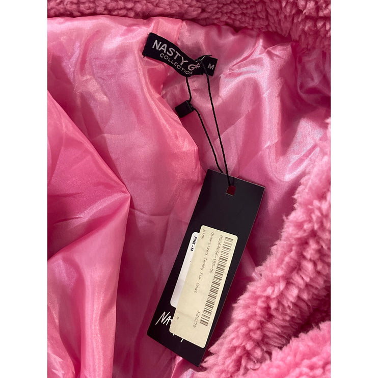 NEW Nasty Gal Pink Oversized Faux Fur Notched Collar Long Sleeve Coat Jacket M
