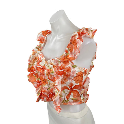 NEW H&M Coral Floral Sleeveless Linen Ruffle Sweetheart Cropped Blouse Top Sz S