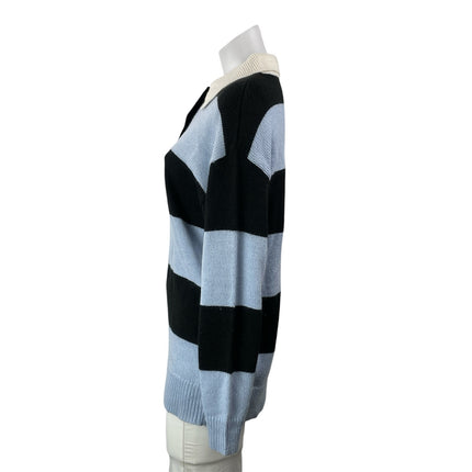 Moon River Women's Blue Black Stripe Colorblock Knit Polo Sweater Top Size XS