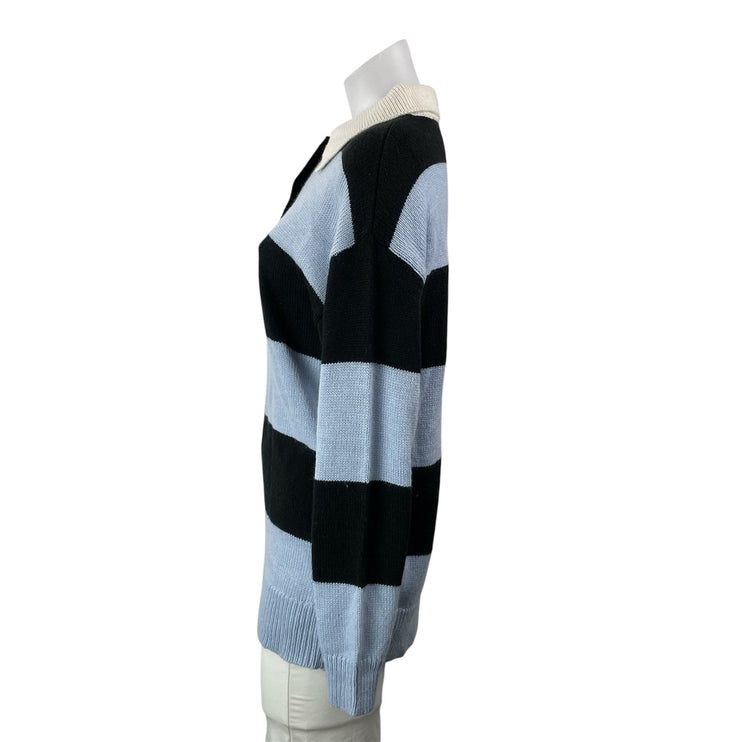 Moon River Women's Blue Black Stripe Colorblock Knit Polo Sweater Top Size XS