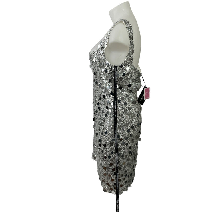 NEW PrettyLittleThing Silver Disc Sequin Sleeveless Mini Party Bodycon Dress 20