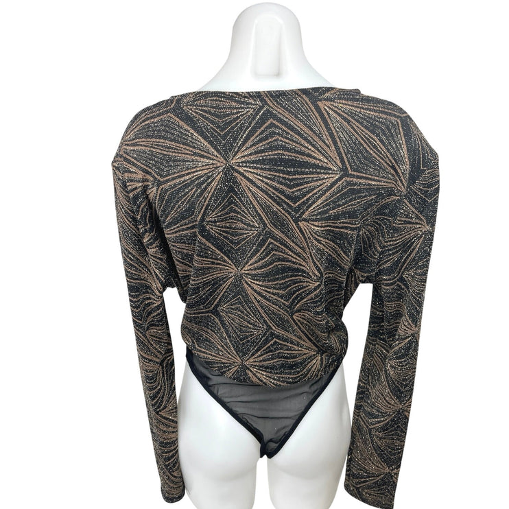 VICI Black Bronze Metallic Glitters Faux Wrap Long Sleeve Blouse Top Bodysuit XL