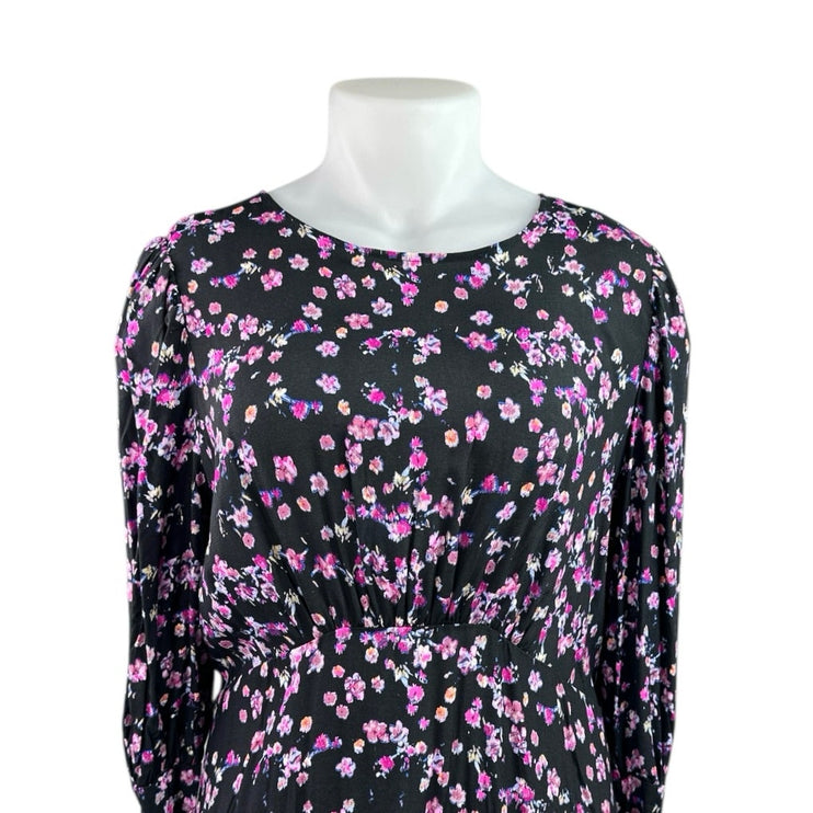 NEW H&M Black Pink Floral Long Sleeve Cutout Back Blouson Maxi Dress Size XL