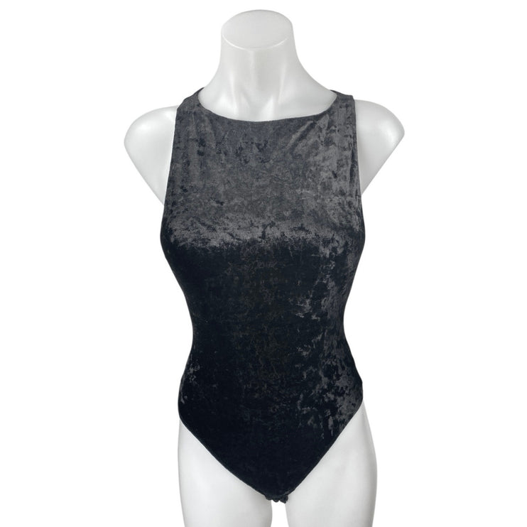 Free People Black Velvet Velour Sleeveless High Neck Tank Thong Bodysuit Top XS