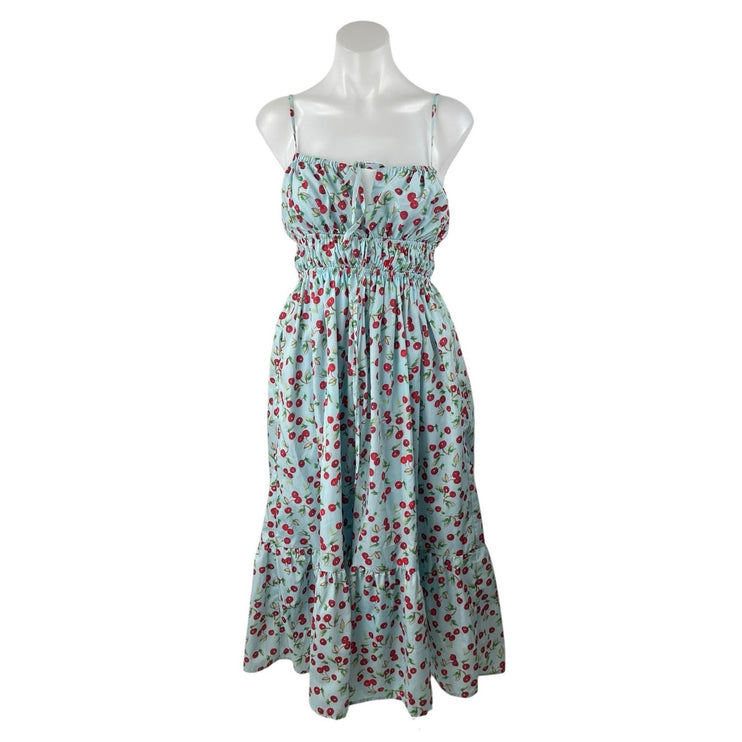 Aqua Blue Red Cherry Print Sleeveless Cami Tiered Pocket A Line Midi Dress Sz M