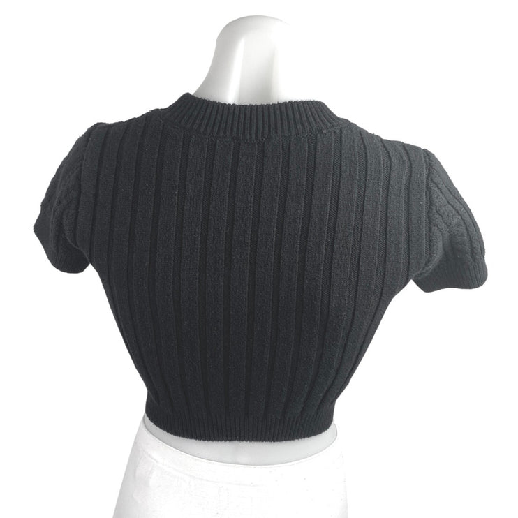 Free People Women's Black Cable Knit Short Sleeve Stretch Crop Sweater Top Sz S